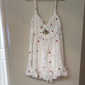 White and Red Babydoll Mini Dress with Spaghetti Straps